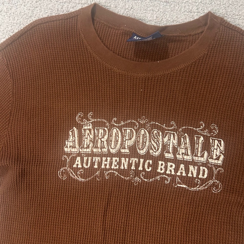 Aeropostale Thermal Shirt Long Sleeve L Brown Y2K Grunge Skater Waffle Knit - Picture 2 of 6